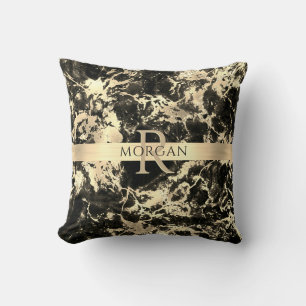 Black+Gold Marble, Gold Stripe, Name+Monogram, Vs3 Throw Pillow