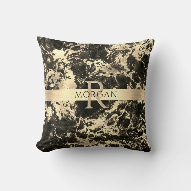 Black+Gold Marble, Gold Stripe, Name+Monogram, Vs3 Throw Pillow (Front)