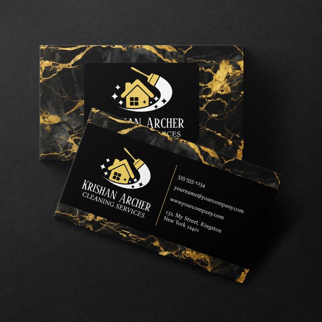 Black Gold Marble Housekeeping Cleaning Services Business Card (Creator Uploaded)