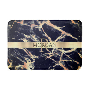 Black+Gold Marble, Large Gold Stripe Name+Monogram Bath Mat
