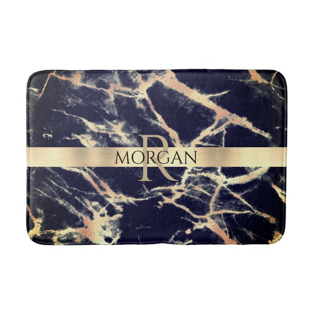 Black+Gold Marble, Large Gold Stripe Name+Monogram Bath Mat (Front)
