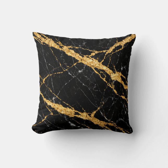 Black Gold Marble Luxe Pattern Throw Pillow (Front)