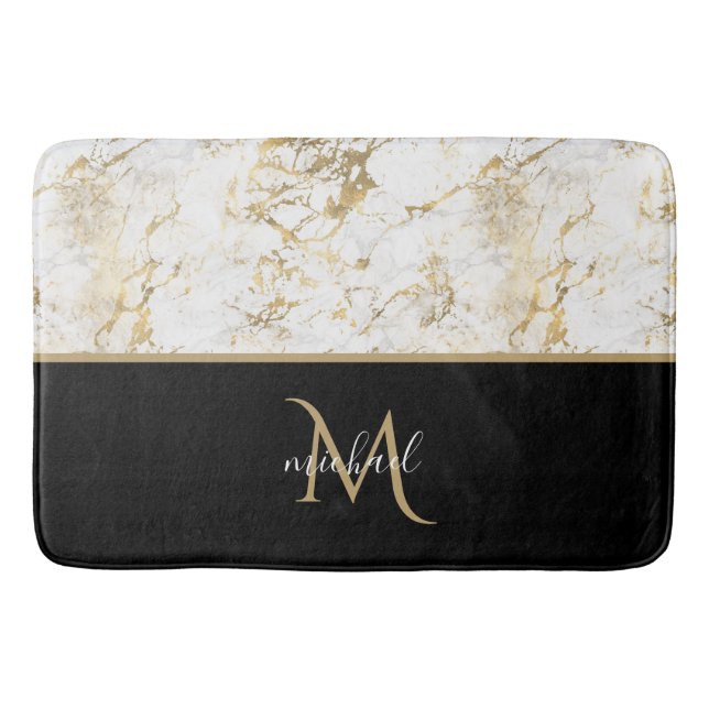 Black  Gold & Marble Monogram Elegant Luxury  Bath Mat (Front)