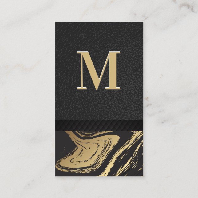 Black Gold Marble Monogram Leather Business Card (Front)
