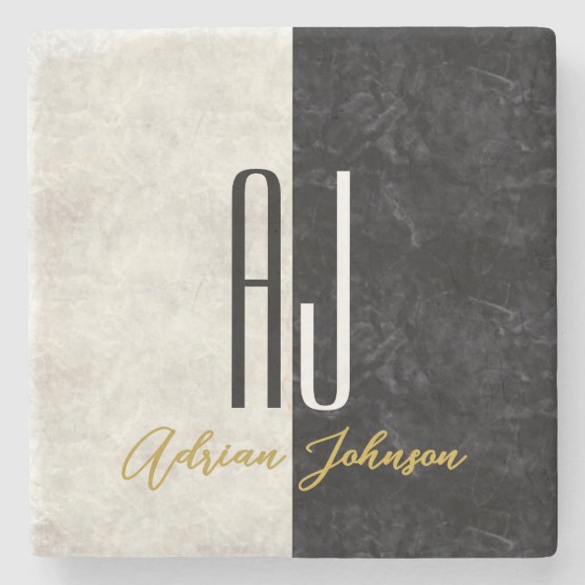 Black Gold Marble Monogram Stone Coaster (Front)