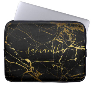 Black Gold Marble Script  Laptop Sleeve