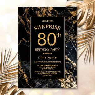 Black Gold Marble Surprise 80th Birthday Party Invitation