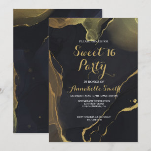 black & Gold Marble sweet 16 invitation