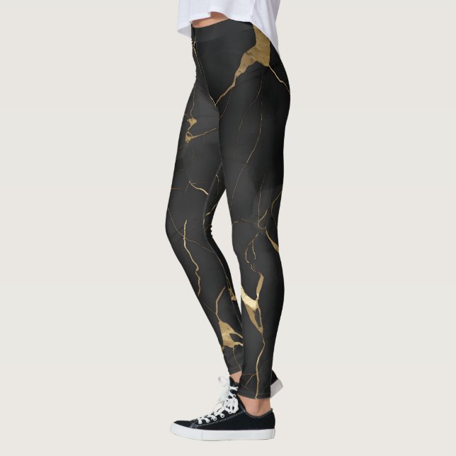 Black Gold Marble Swirl Pattern Leggings (Left)