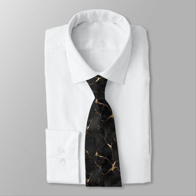 Black Gold Marble Swirl Wedding Formal Groom Tie (Tied)