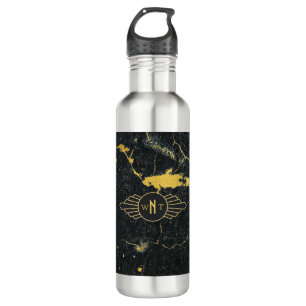 Black Gold Marble Three Letter Monogram Art Deco 710 Ml Water Bottle