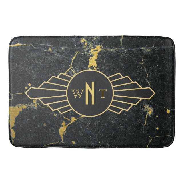 Black Gold Marble Three Letter Monogram Art Deco Bath Mat (Front)