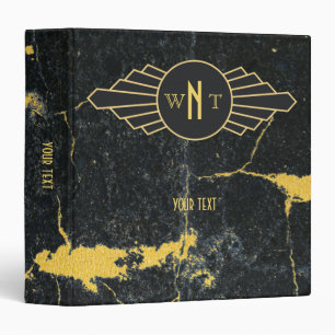 Black Gold Marble Three Letter Monogram Art Deco Binder