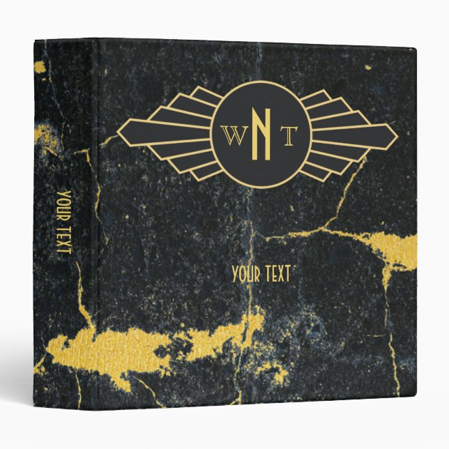 Black Gold Marble Three Letter Monogram Art Deco Binder (Front/Spine)