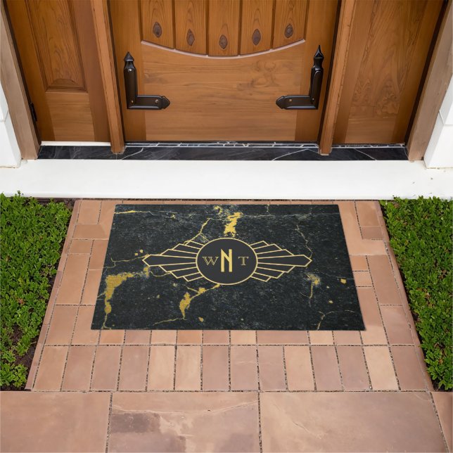 Black Gold Marble Three Letter Monogram Art Deco Doormat (Outdoor)