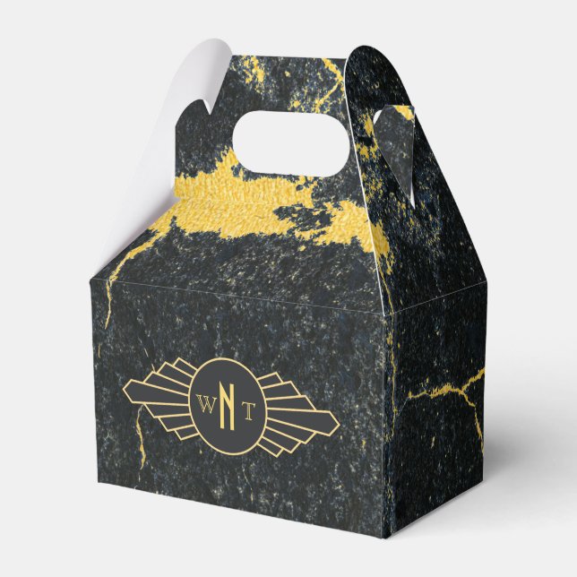 Black Gold Marble Three Letter Monogram Art Deco Favor Box (Front Side)