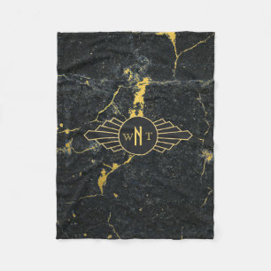 Black Gold Marble Three Letter Monogram Art Deco Fleece Blanket