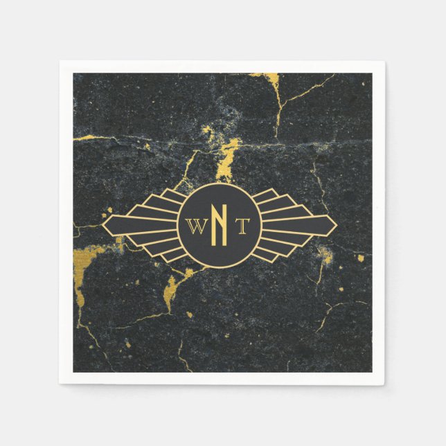 Black Gold Marble Three Letter Monogram Art Deco Napkin (Front)
