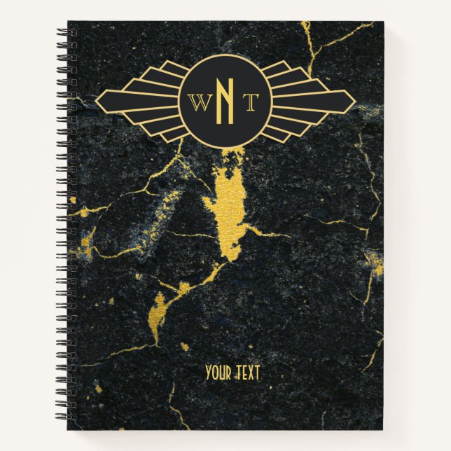 Black Gold Marble Three Letter Monogram Art Deco Notebook (Front)
