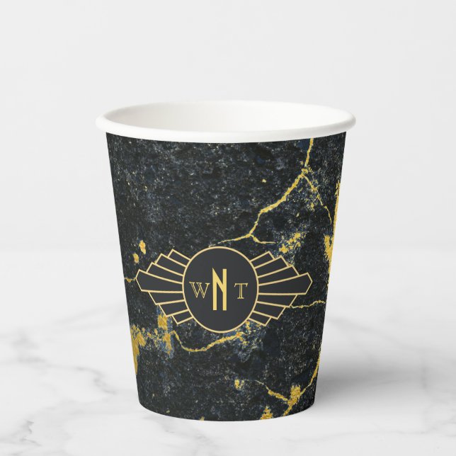 Black Gold Marble Three Letter Monogram Art Deco Paper Cups (Front)