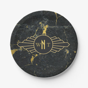 Black Gold Marble Three Letter Monogram Art Deco Paper Plate