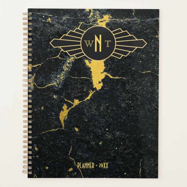 Black Gold Marble Three Letter Monogram Art Deco Planner (Front)