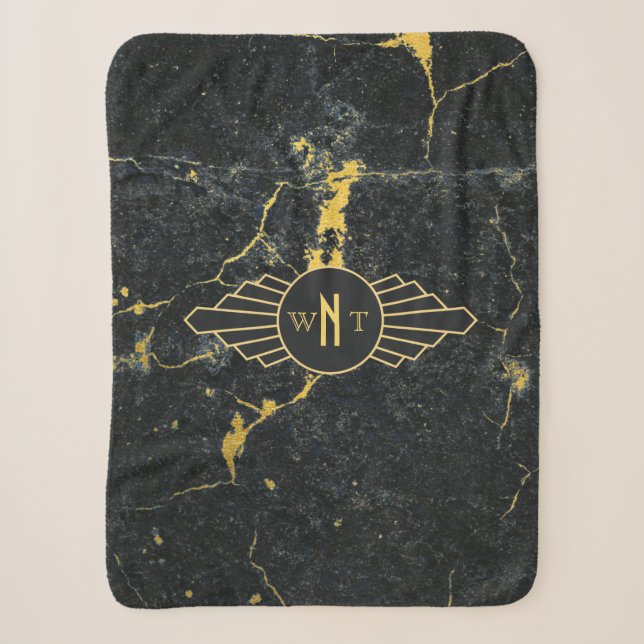 Black Gold Marble Three Letter Monogram Art Deco Sherpa Blanket (Front)