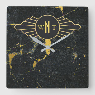 Black Gold Marble Three Letter Monogram Art Deco Square Wall Clock