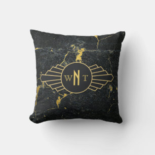 Black Gold Marble Three Letter Monogram Art Deco Throw Pillow