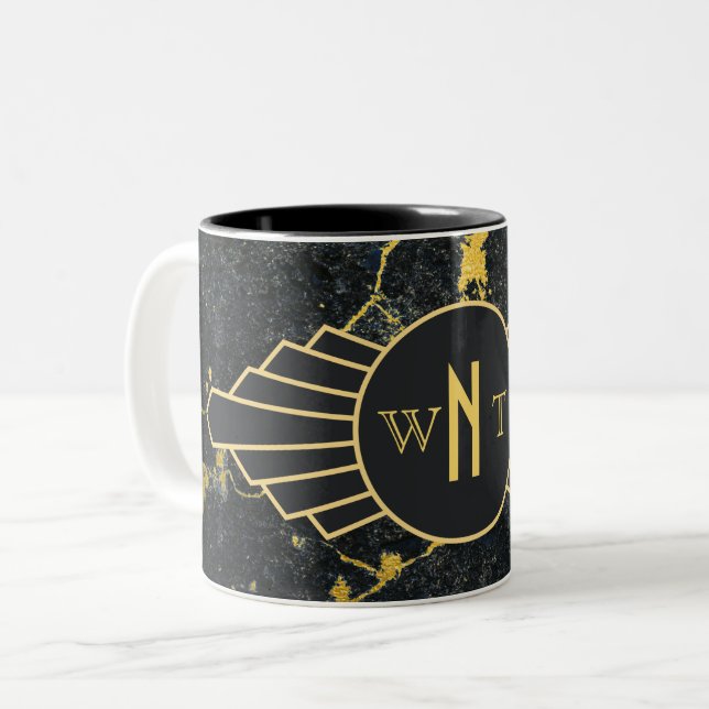 Black Gold Marble Three Letter Monogram Art Deco Two-Tone Coffee Mug (Front Left)