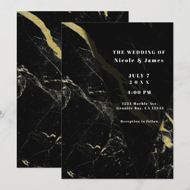 Black Gold Marble Veining Minimal Elegant Wedding  Invitation (Front/Back)