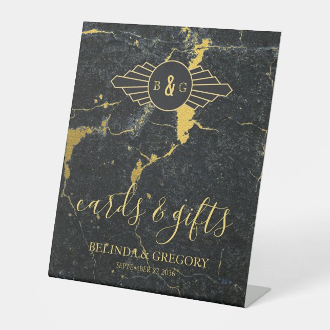 Black Gold Marble Wedding Cards & Gifts Pedestal Sign (Front)