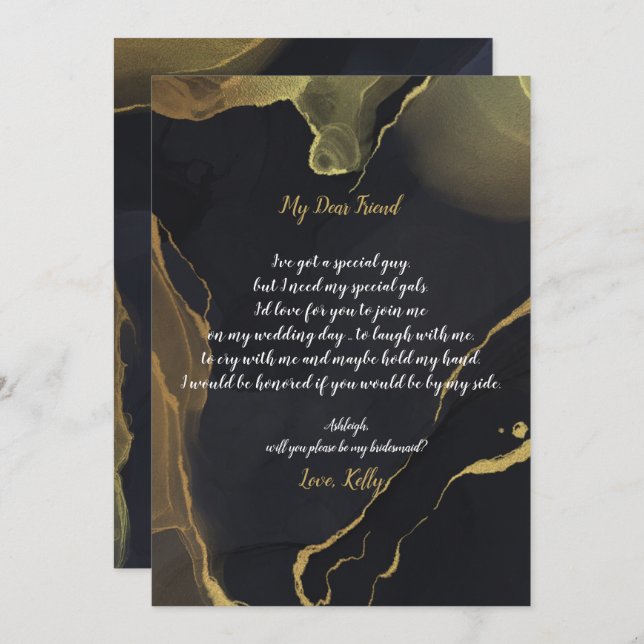 black & Gold Marblwill be my bridesmaid invitation (Front/Back)