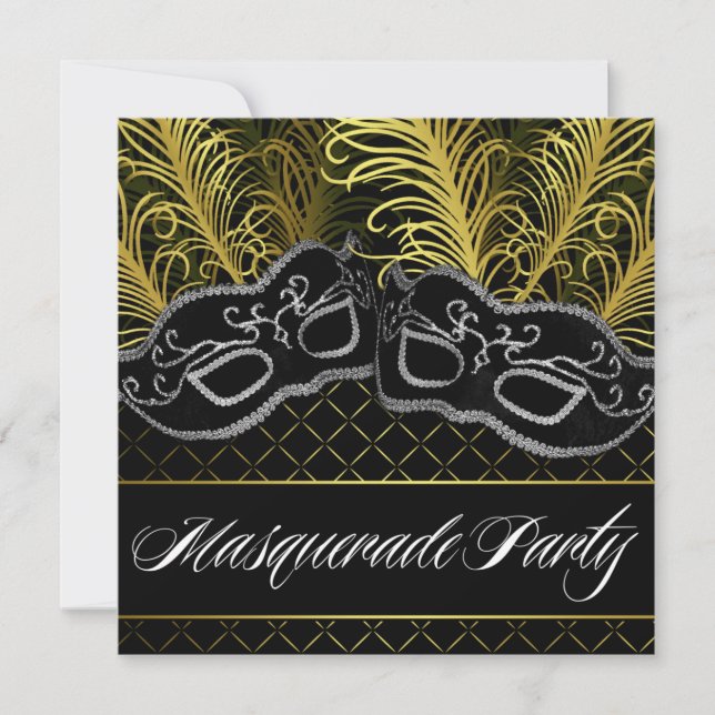 Black Gold Mask Masquerade Ball Party Invitations (Front)