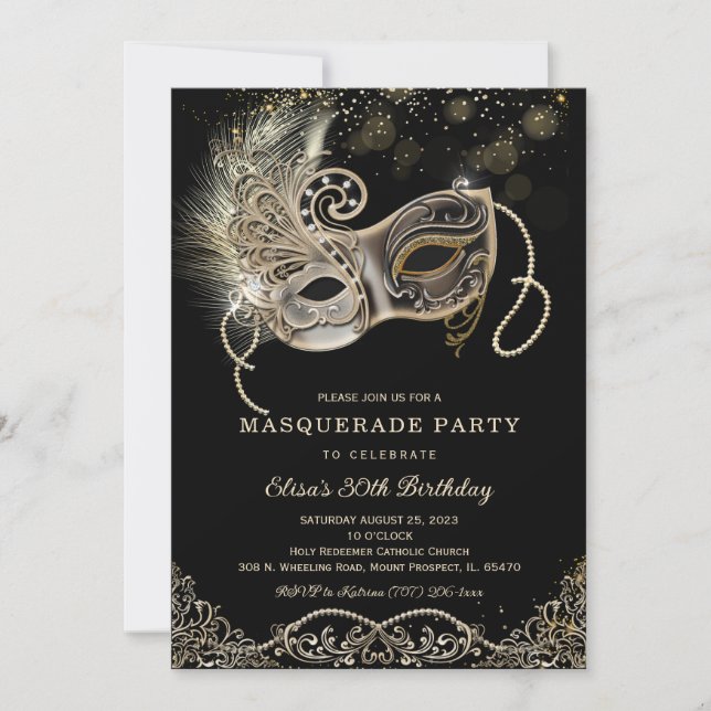 Black Gold Masquerade Birthday Invitation (Front)