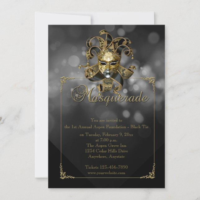 Black Gold Masquerade Mardi Gras Ball Invitation (Front)