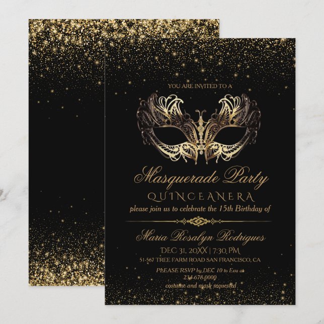 Black Gold Masquerade Quinceanera  Invitation (Front/Back)