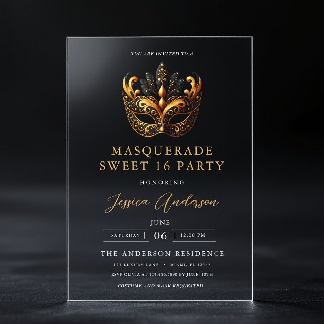 Black Gold Masquerade Sweet 16 Birthday Party Acrylic Invitations (Creator Uploaded)