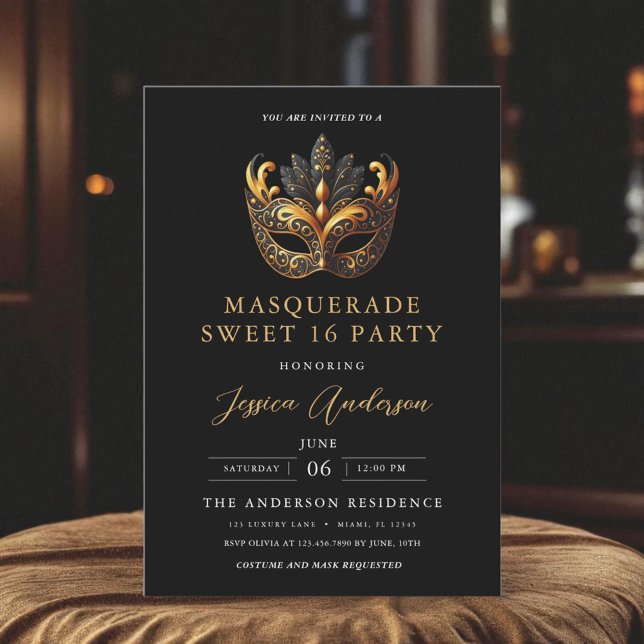 Black Gold Masquerade Sweet 16 Birthday Party Invitation (Creator Uploaded)