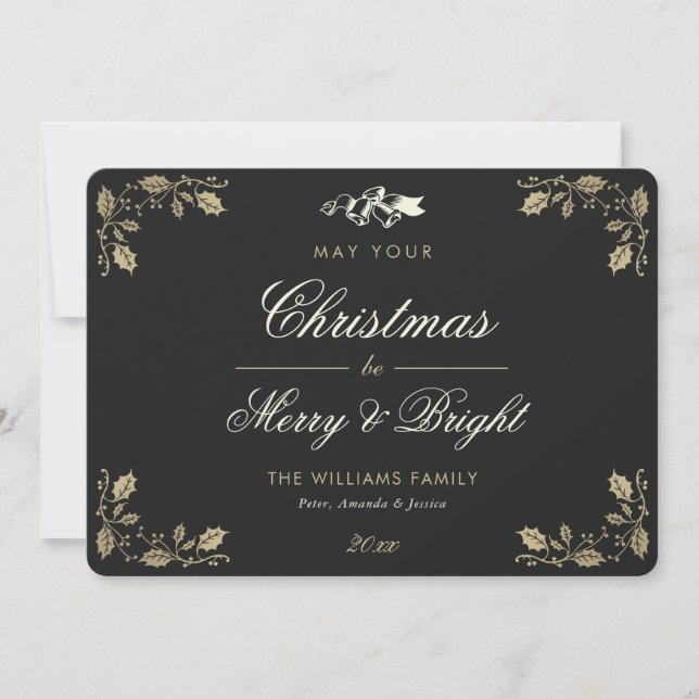 Black Gold Merry and Bright Holiday Card (Front)