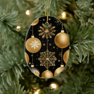 Black & Gold Merry Christmas Ball Ceramic Ornament