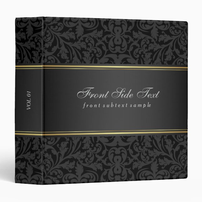 Black Gold Metallic Damask Florals Typography Binder (Front/Spine)