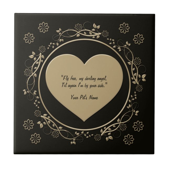 Black & Gold Metallic Heart Pet Memorial Tile (Front)