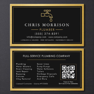 Black Gold Metallic Plumber Contractor QR Code  Business Card