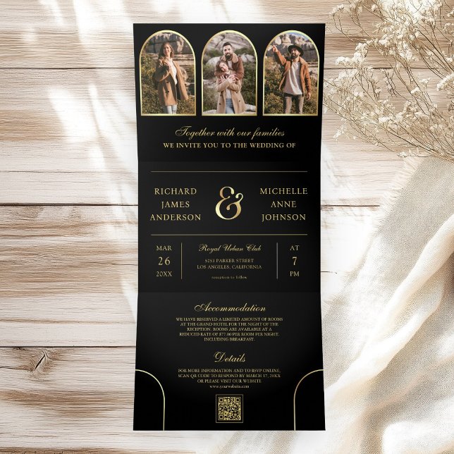Black Gold Minimal Arch Photo QR code Wedding Tri-Fold Invitation (Creator Uploaded)