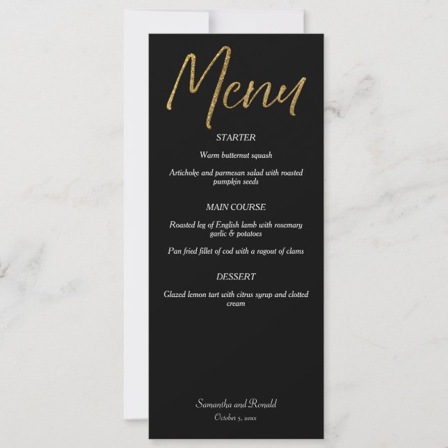 Black & Gold Minimalist Calligraphy Wedding Menu Invitation (Front)