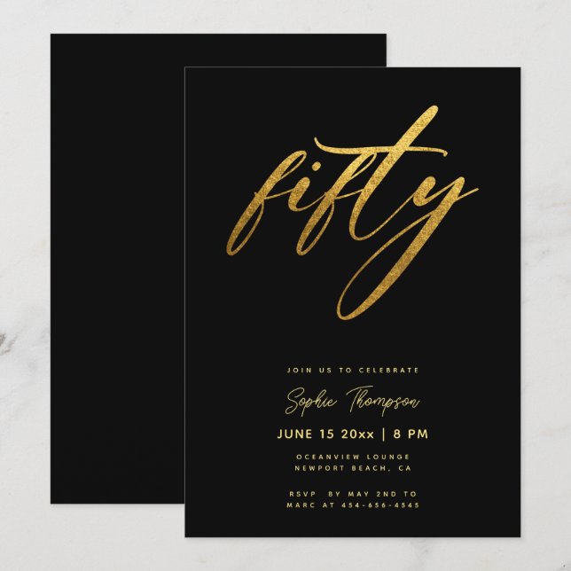 Black Gold Minimalist Chic Elegant 50th Birthday Invitation (Front/Back)
