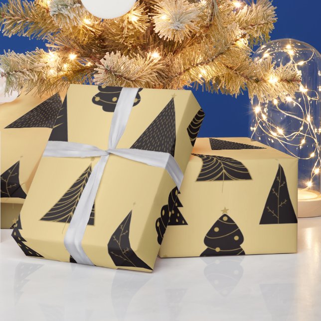 Black & Gold Minimalist Christmas Trees, Gold Wrapping Paper (Holidays)