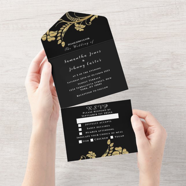 Black Gold Minimalist Floral Script Wedding  All In One Invitation (Tearaway)