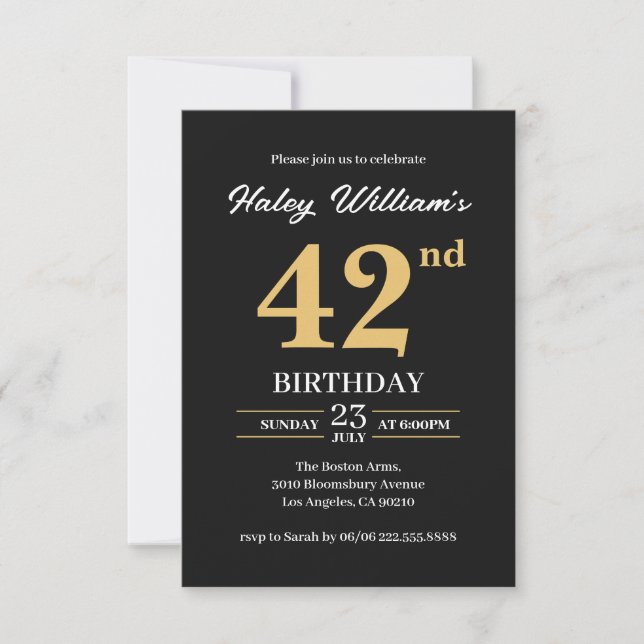 Black Gold Minimalist Modern Simple 42nd Birthday Invitation (Front)